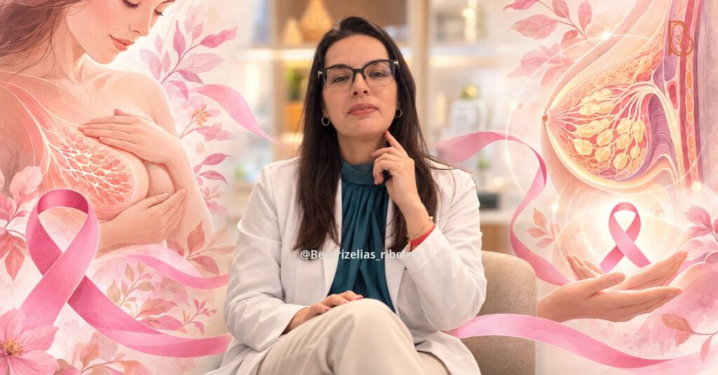 Dra. Beatriz Elias Ribeiro no centro, acompanhada de ilustrações delicadas de autocuidado e laços rosas, representando o passo a passo do autoexame das mamas.[cite: 8]