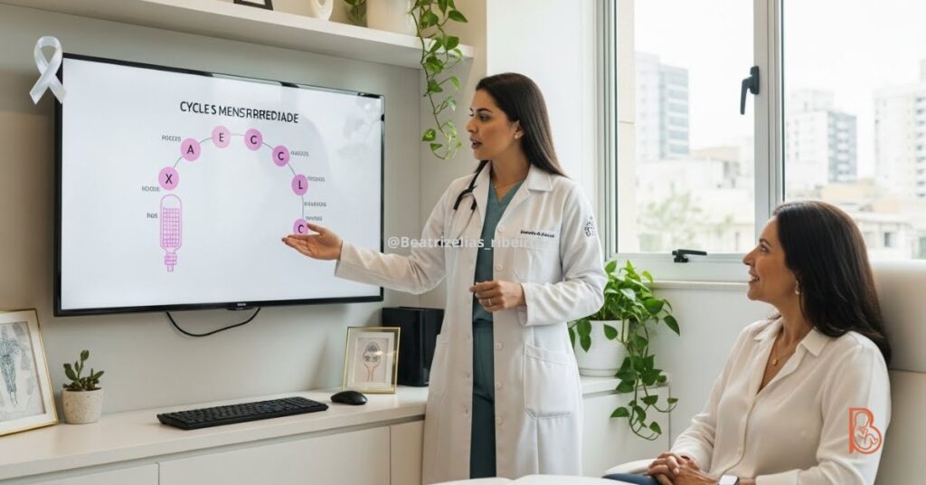 Médica explicando relação entre Janeiro Branco saúde mental, ciclo menstrual e saúde emocional para paciente em consultório