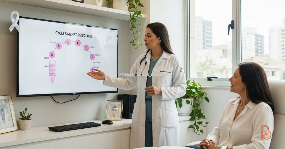 Médica explicando relação entre Janeiro Branco saúde mental, ciclo menstrual e saúde emocional para paciente em consultório