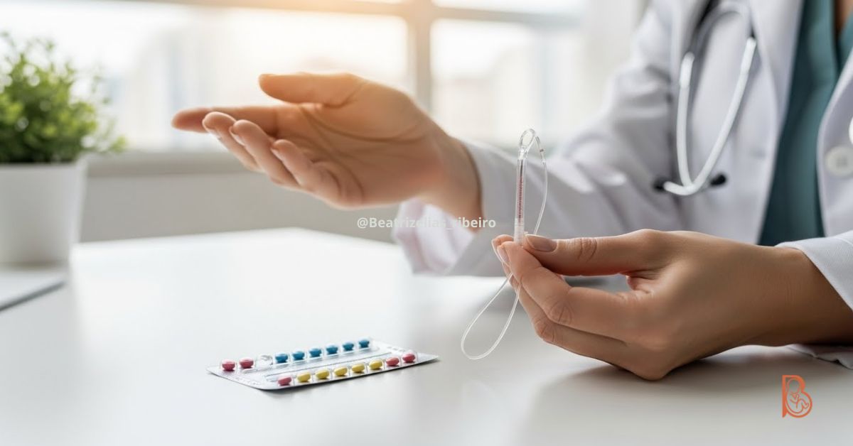 Comparativo visual em consultório médico: uma cartela de pílulas anticoncepcionais usada ao lado de um dispositivo DIU sendo segurado pela mão de uma ginecologista, ilustrando a transição segura de método contraceptivo no Rio de Janeiro.