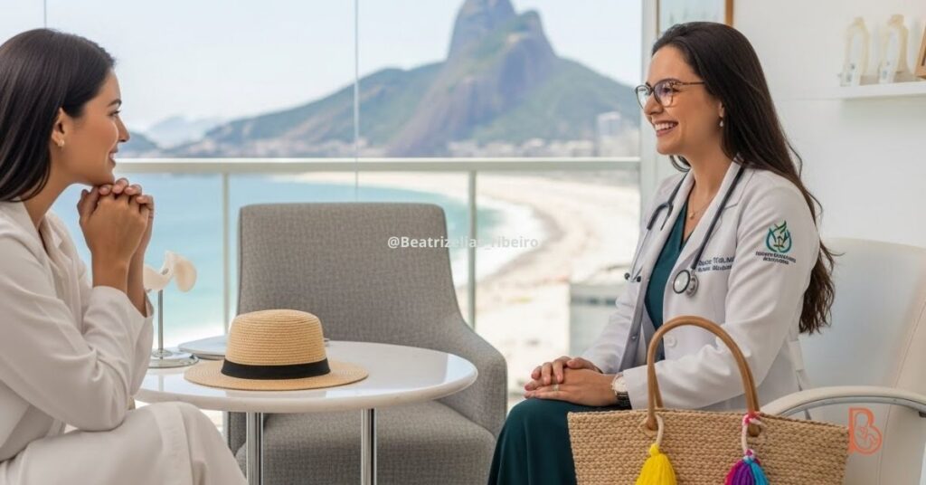 Dra Beatriz Ribeiro em consulta ginecológica em Copacabana orientando paciente sobre cuidados com candidíase no verão