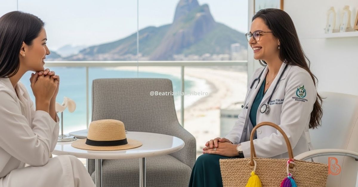 Dra Beatriz Ribeiro em consulta ginecológica em Copacabana orientando paciente sobre cuidados com candidíase no verão