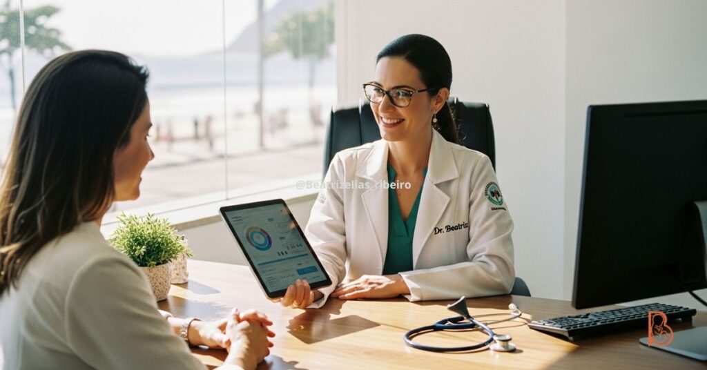 Dra. Beatriz Elias Ribeiro, ginecologista em Copacabana, explicando resultados de exames de rotina para uma paciente em seu consultório