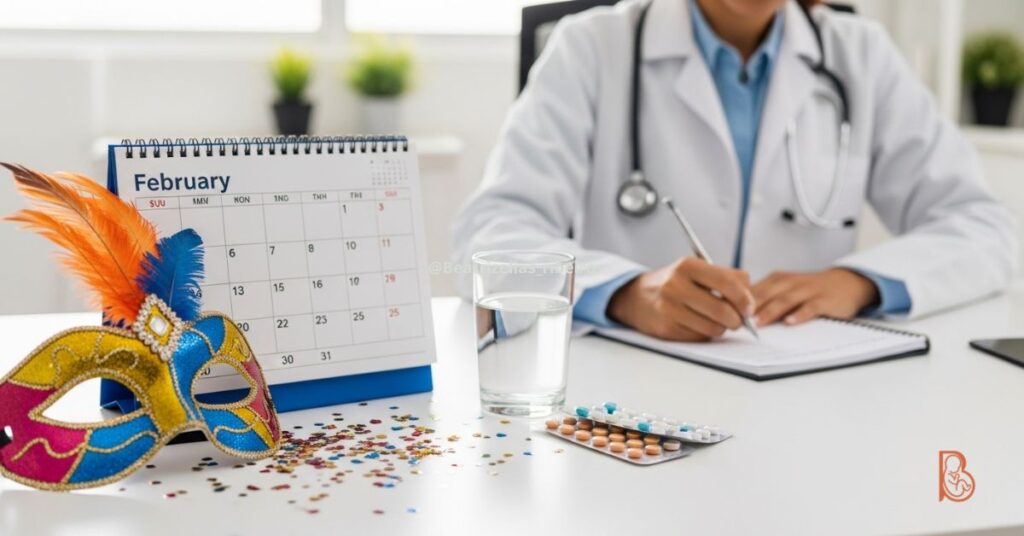 Calendário de fevereiro com confetes e máscara de carnaval na mesa de consultório médico, ilustrando o planejamento menstrual para a folia.