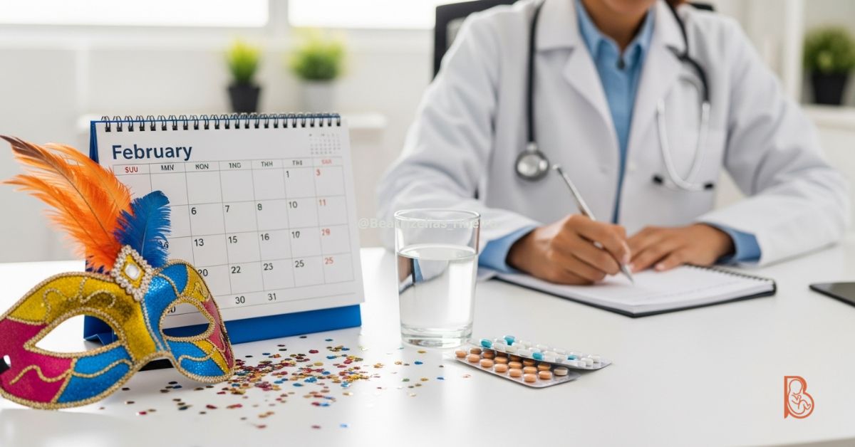 Calendário de fevereiro com confetes e máscara de carnaval na mesa de consultório médico, ilustrando o planejamento menstrual para a folia.