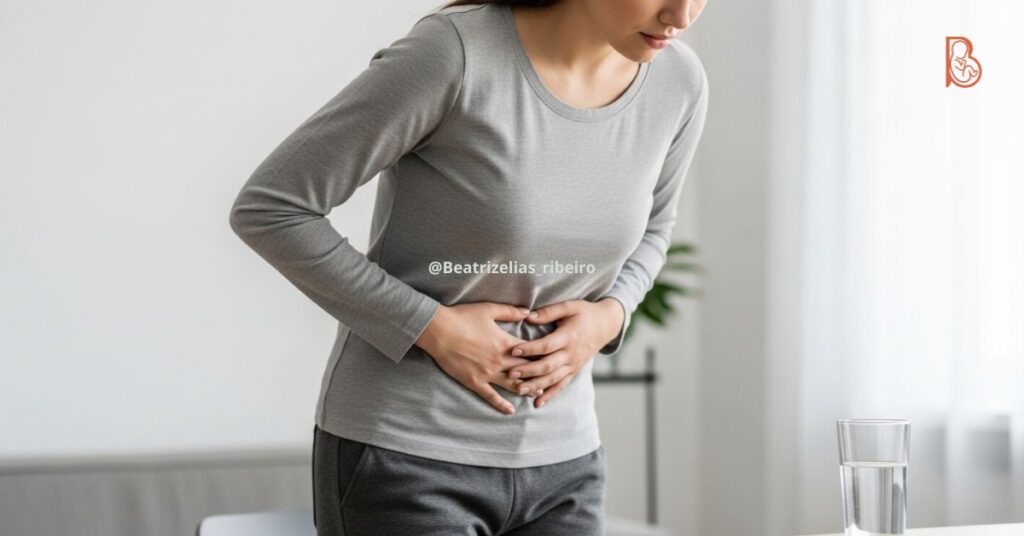 Mulher com desconforto abdominal e dor pélvica, ilustrando sintomas de cistite ou infecção urinária pós-carnaval