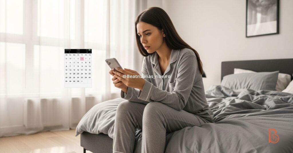 Mulher jovem preocupada conferindo o calendário menstrual no celular, ilustrando a dúvida sobre risco de gravidez ou esquecimento da pílula