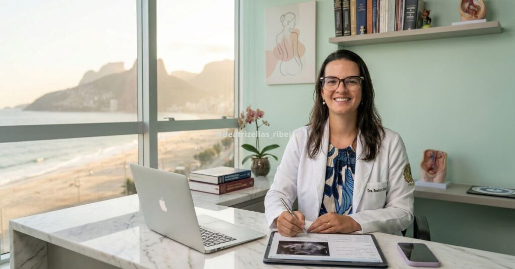 Dra. Beatriz Elias Ribeiro, especialista em SOP, realizando avaliação metabólica e ginecológica em seu consultório em Copacabana, Rio de Janeiro
