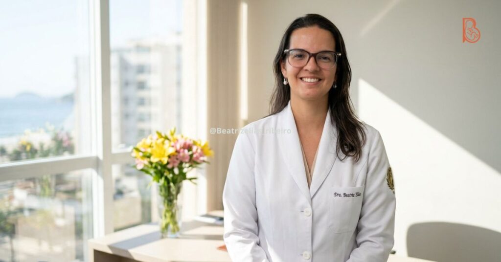 Retrato editorial profissional da Dra. Beatriz Elias Ribeiro em seu consultório em Copacabana, celebrando o Mês da Mulher e o empoderamento feminino com um sorriso confiante.