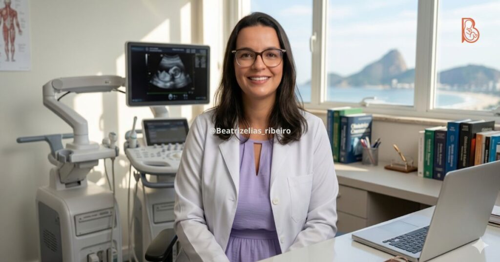 Dra. Beatriz Elias Ribeiro, obstetra em Copacabana, com expressão de acolhimento em consulta de pré-natal, preparada para realizar ultrassonografia