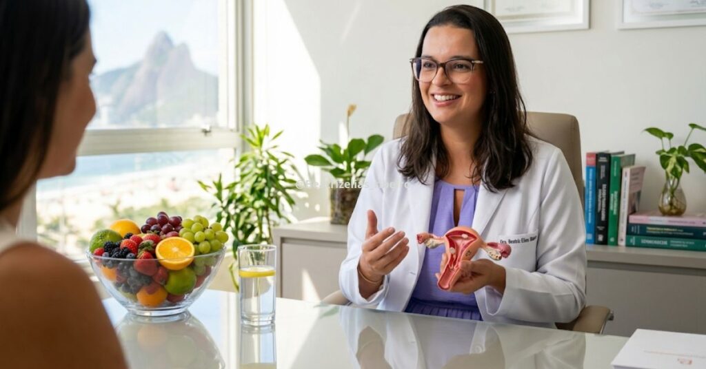 Dra. Beatriz Elias Ribeiro em seu consultório em Copacabana, explicando a relação entre alimentação saudável e o tratamento ginecológico integrativo.