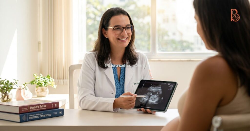 Dra. Beatriz Elias Ribeiro, obstetra em Copacabana, conversando e mostrando exames de pré-natal para uma paciente grávida em seu consultório