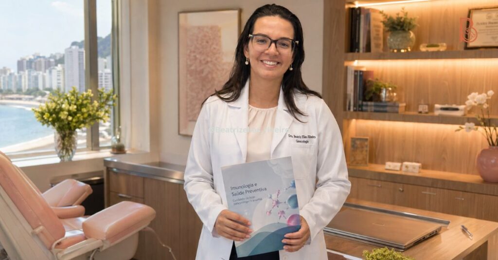 Dra. Beatriz Elias Ribeiro, ginecologista em Copacabana, segurando material educativo sobre imunização e rastreio preventivo para a saúde da mulher.