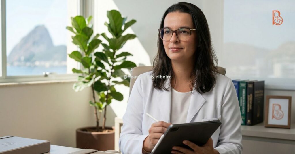 Dra. Beatriz Elias Ribeiro avaliando exames de rotina no seu consultório em Copacabana, ilustrando o diagnóstico e tratamento humanizado para miomas uterinos e fluxo menstrual intenso.