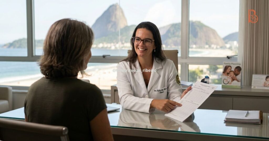 Dra. Beatriz Elias Ribeiro, ginecologista e obstetra no Rio de Janeiro, em consulta de planejamento familiar e avaliação pré-concepcional com paciente em Copacabana.