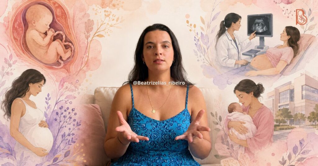 Composição visual com a foto real da obstetra Dra. Beatriz Elias Ribeiro sentada num sofá ao centro, ladeada por ilustrações gráficas de um bebê na bolsa amniótica e cuidados na maternidade, ilustrando a ruptura prematura de membranas.