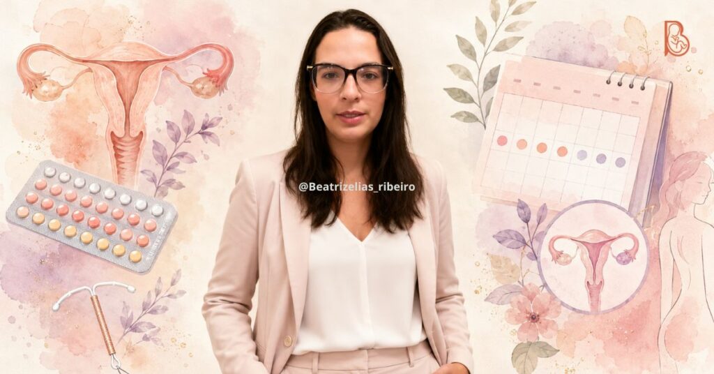 Composição visual com a foto real da ginecologista Dra. Beatriz Elias Ribeiro ao centro, ladeada por ilustrações gráficas de métodos contraceptivos e controle do ciclo menstrual, representando a segurança na suspensão da menstruação.