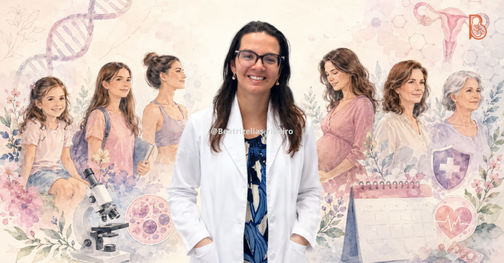 Composição visual com a foto real da ginecologista Dra. Beatriz Elias Ribeiro ao centro, ladeada por ilustrações gráficas que representam as diferentes faixas etárias da mulher e ícones de exames preventivos, em celebração ao Dia da Saúde da Mulher.