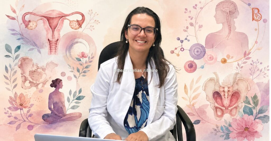 Composição visual com a foto da ginecologista Dra. Beatriz Elias Ribeiro ao centro, ladeada por ilustrações médicas estilizadas sobre conforto pélvico e saúde íntima feminina.