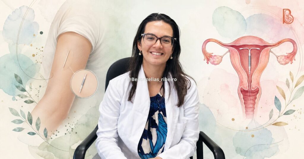 Composição visual com a foto da ginecologista Dra. Beatriz Elias Ribeiro ao centro, ladeada por ilustrações médicas comparando o implante hormonal no braço e o dispositivo intrauterino (DIU).