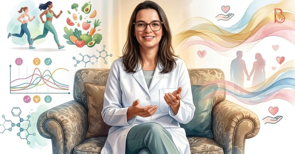 Composição visual com a foto da ginecologista Dra. Beatriz Elias Ribeiro ao centro, ladeada por ilustrações médicas estilizadas sobre vitalidade feminina, equilíbrio hormonal e conexão em relacionamentos.