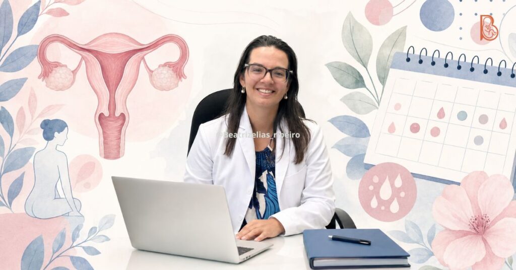 ladeada por ilustrações médicas estilizadas do útero e de um calendário, representando a investigação do sangramento uterino anormal