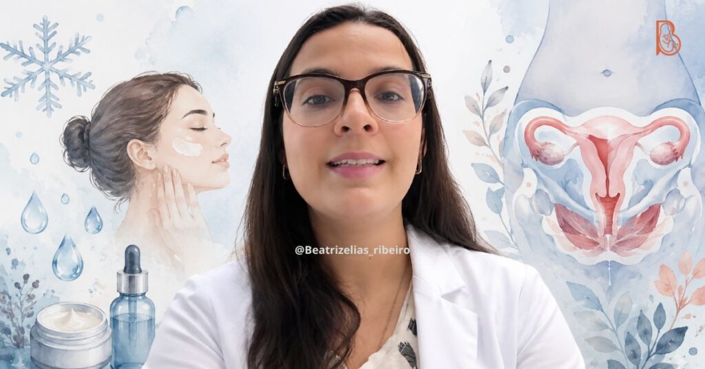 Composição visual com a foto da ginecologista Dra. Beatriz Elias Ribeiro ao centro, ladeada por ilustrações médicas que simbolizam o clima de inverno, hidratação íntima e saúde pélvica da mulher.