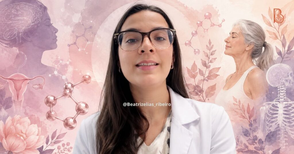 Composição visual com a foto da ginecologista Dra. Beatriz Elias Ribeiro ao centro, ladeada por ilustrações médicas que representam o equilíbrio molecular e a vitalidade na menopausa.