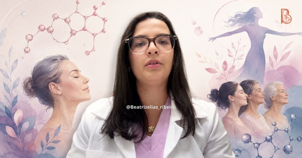 Composição visual com a foto da ginecologista Dra. Beatriz Elias Ribeiro ao centro, ladeada por ilustrações médicas que representam o equilíbrio molecular e a vitalidade na menopausa.