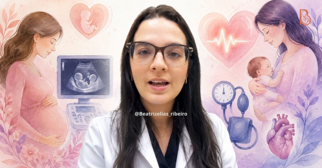 Composição visual com a foto da obstetra Dra. Beatriz Elias Ribeiro ao centro, ladeada por ilustrações médicas que simbolizam o cuidado na gravidez, o monitoramento da pressão arterial e o ultrassom de primeiro trimestre.