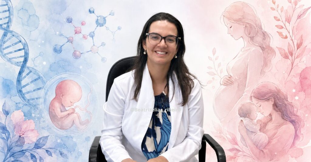 Dra. Beatriz Elias Ribeiro ao centro, com ilustrações em aquarela de estruturas de DNA e desenvolvimento fetal, representando a realização do exame NIPT