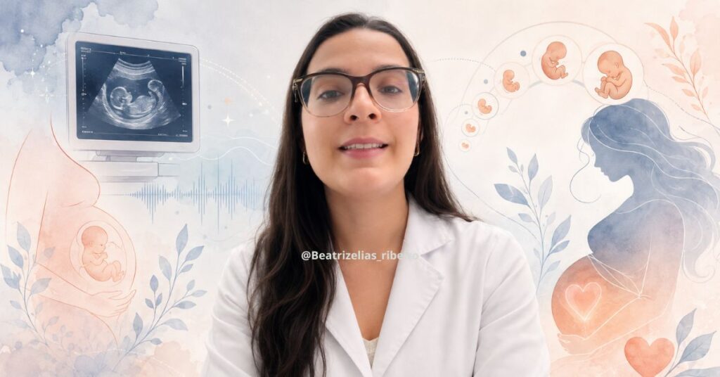 Dra. Beatriz Elias Ribeiro no centro, ladeada por ilustrações suaves de desenvolvimento fetal e ondas de ultrassom, representando a importância do ultrassom morfológico no pré-natal