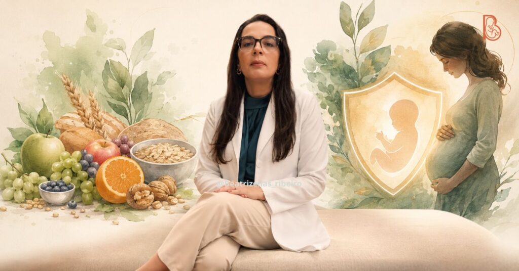Dra. Beatriz Elias Ribeiro no centro da imagem, acompanhada por ilustrações de alimentos saudáveis e um escudo, representando as escolhas seguras sobre o que grávida não pode comer.