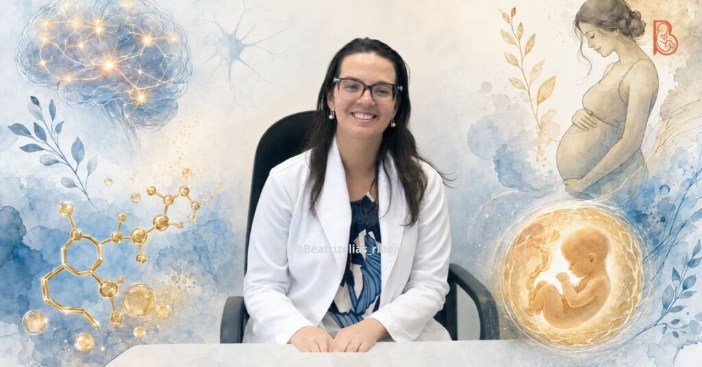 Dra. Beatriz Elias Ribeiro no centro da imagem, acompanhada por ilustrações suaves de sinapses cerebrais e moléculas, representando os benefícios do ômega 3 na gestação para a mãe e para o bebê.