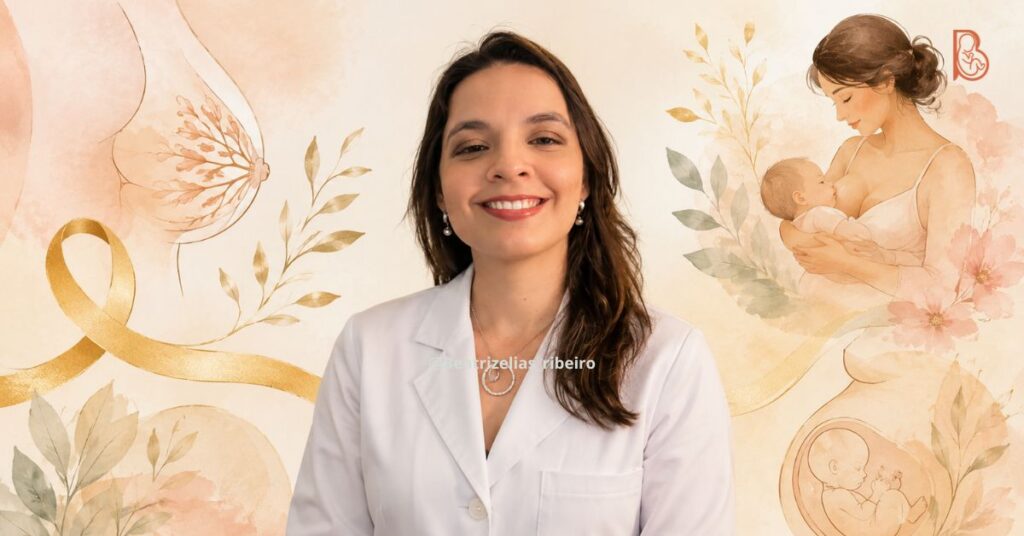 Dra. Beatriz Elias Ribeiro no centro da imagem, ladeada por ilustrações suaves de um laço dourado e símbolos de cuidados maternos, representando o Agosto Dourado e o preparo para a amamentação no pré-natal.